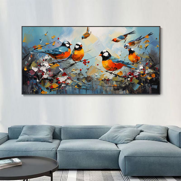 Cuadro Abstracto Moderno Pájaro Urraca Pintado a Mano - Arte Kawaii para Sala de Estar