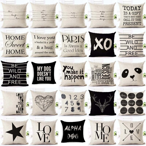 Funda de Almohada Decorativa con Letras en Blanco y Negro