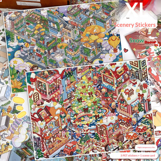 Pegatinas 3D Pueblo Navideño - Escenas Miniatura para Diarios y Scrapbooking