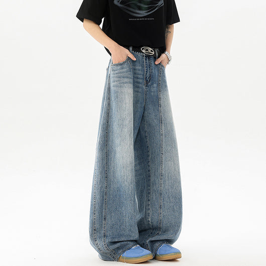 Pantalones Denim Retro Azul Holgados de Pierna Ancha para Hombre - Image 4