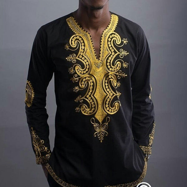 Camisa Manga Larga Estilo Africano con Cuello V para Hombre