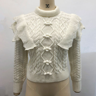 Suéter Cuello Alto Blanco Puro con Detalles de Costura y Volantes - Image 3