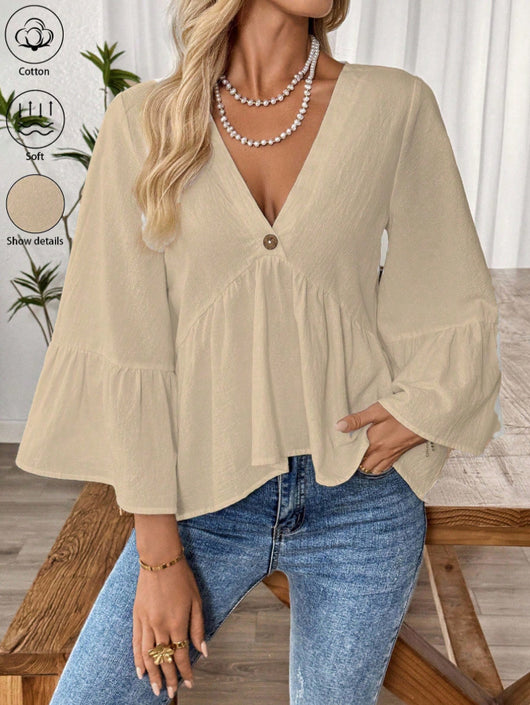 Blusa Cuello V con Mangas Volantes en Colores Sólidos - Image 7