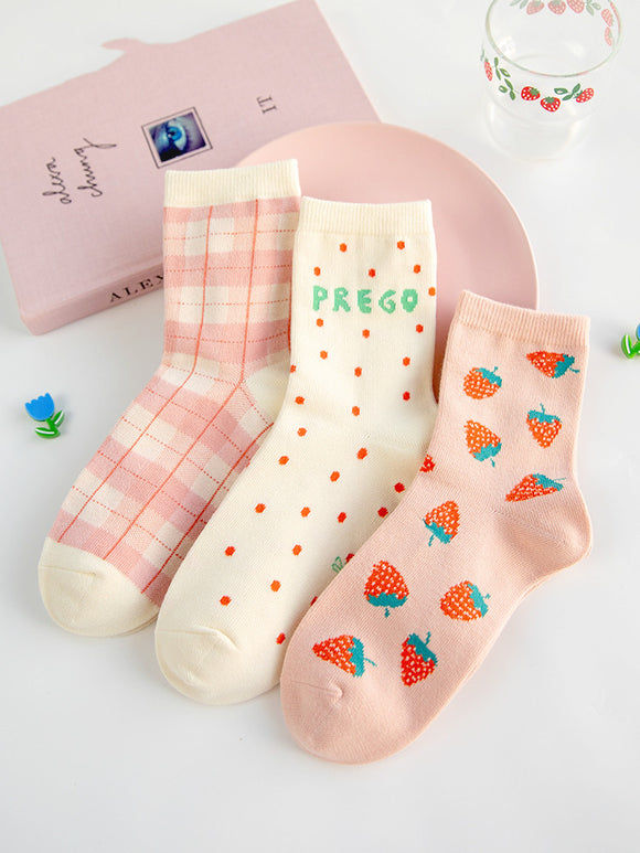 Calcetines de Algodón Estampado Fresa - Estilo Trendy