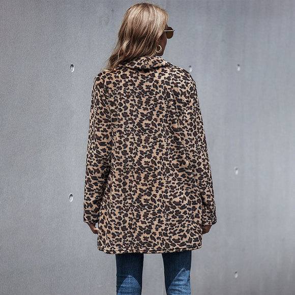 Abrigo Casual Estampado Leopardo con Pelaje Sintético y Mangas Largas
