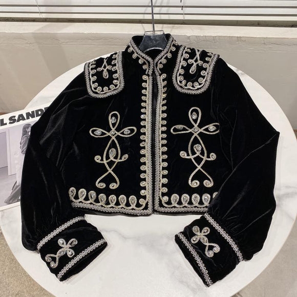 Chaqueta de Terciopelo Trenzada con Botones de Diamante para Mujer
