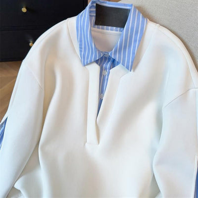 Sudadera Tipo Camisa con Cuello Patchwork y Rayas Superpuestas - Image 4
