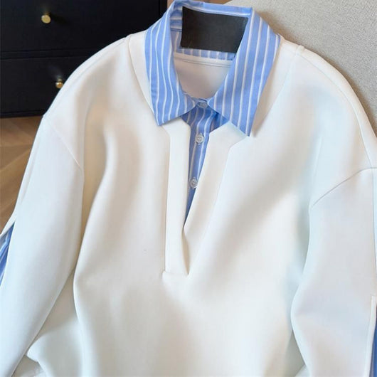 Sudadera Tipo Camisa con Cuello Patchwork y Rayas Superpuestas - Image 4