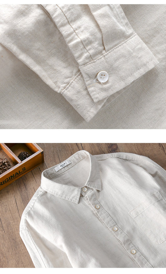 Camisa de Lino y Algodón para Hombre - Manga Larga Color Sólido - Image 11
