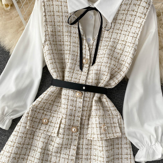 Vestido Houndstooth con Tirantes y Mangas Puff - Image 33