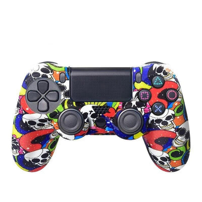 Blue silicone protective sleeve for PS4 Slim Pro controller with a vibrant graphic pattern of skulls and skeletons. - Image 30