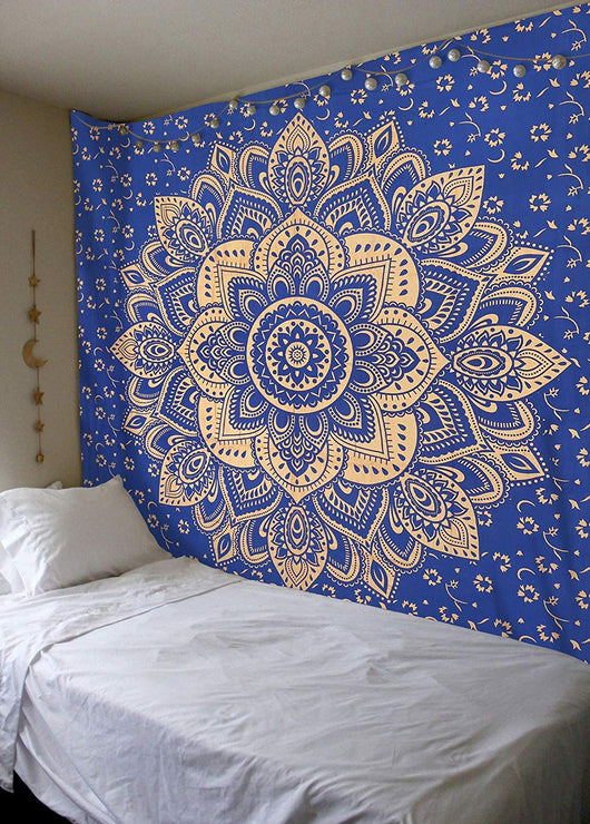 Navy blue tapestry with a large gold mandala pattern and smaller gold floral designs, made of polyester. - Image 10