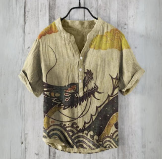 Camisa Lino Hombre Estampado Oceánico Manga Corta Suelta Casual - Image 22
