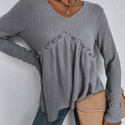 Blusa Casual Cuello Redondo Gris Manga Larga Diseño Asimétrico - Image 4
