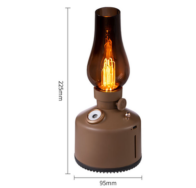 Wood grain kerosene lamp air humidifier with a clear glass-like top and a white light element, featuring a gold control knob. - Image 11