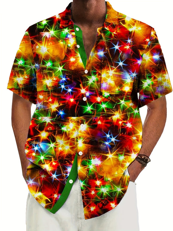 Camisa Casual Masculina de Manga Curta com Bolsos Plus Size - Estampa 3D