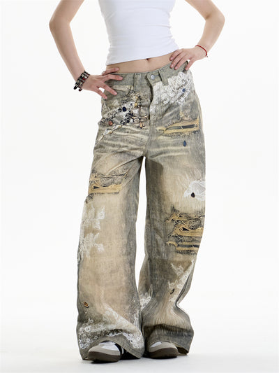 Pantalones Vaqueros Estampado Cruzado Mujer Pierna Ancha - Image 11