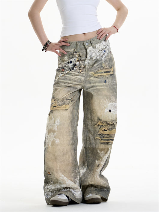 Pantalones Vaqueros Estampado Cruzado Mujer Pierna Ancha - Image 11