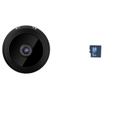 White A9 WIFI wireless network camera with a black lens, shown next to a black 32GB microSD card. - Image 10