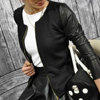 Chaqueta Blazer Mujer Patchwork Cuero PU con Tartán Primavera Otoño - Image 3