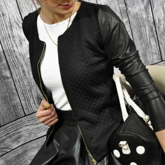 Chaqueta Blazer Mujer Patchwork Cuero PU con Tartán Primavera Otoño - Image 3