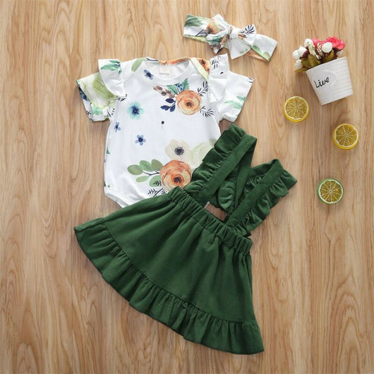 Conjunto de 3 Piezas: Blusa Floral Manga Corta, Falda con Tirantes y Diadema - Image 3