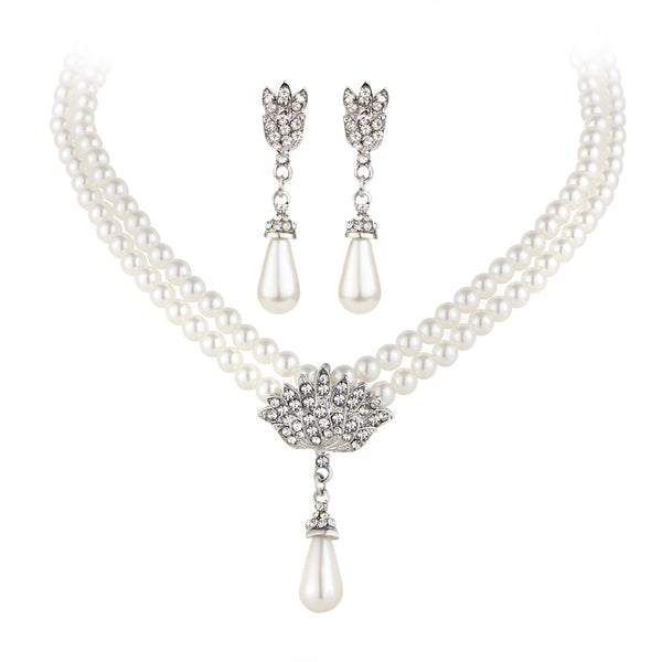 Conjunto de Colar Noiva Pérola Cristal Diamante Decote Curto