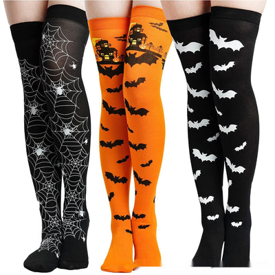 Medias Largas Hasta la Rodilla con Estampado Halloween - Telaraña, Murciélagos, Calaveras y Castillo - Image 2