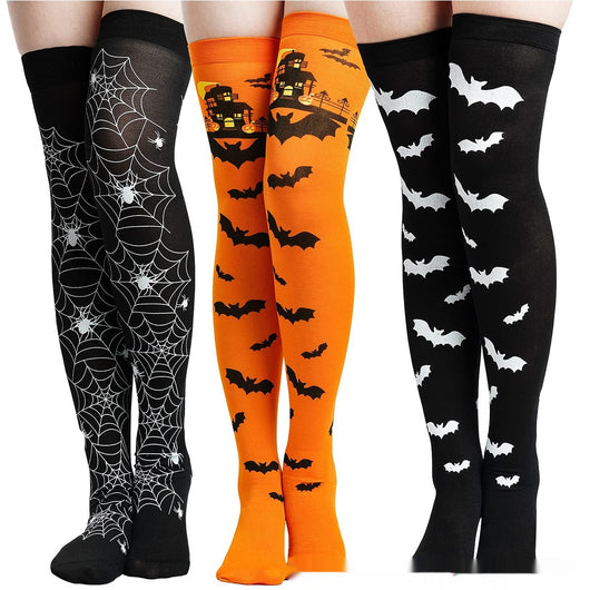 Medias Largas Hasta la Rodilla con Estampado Halloween - Telaraña, Murciélagos, Calaveras y Castillo - Image 2
