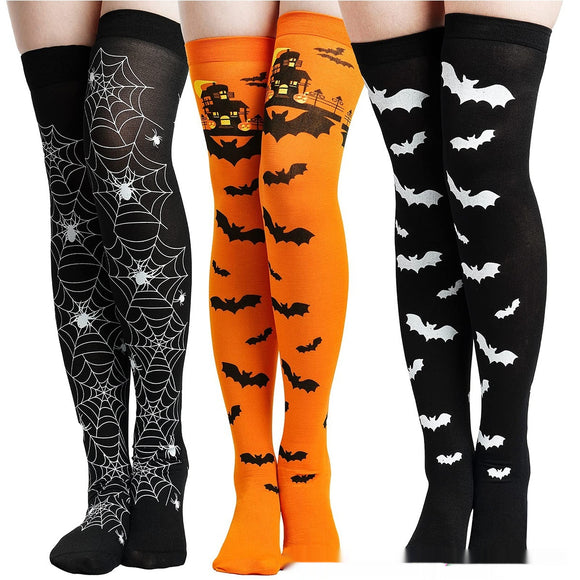 Medias Largas Hasta la Rodilla con Estampado Halloween - Telaraña, Murciélagos, Calaveras y Castillo