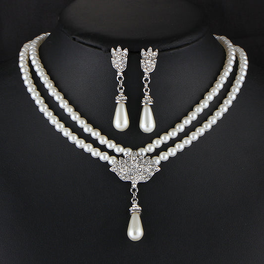 Juego de Collar Novia Perla Cristal Diamante Escote Corto