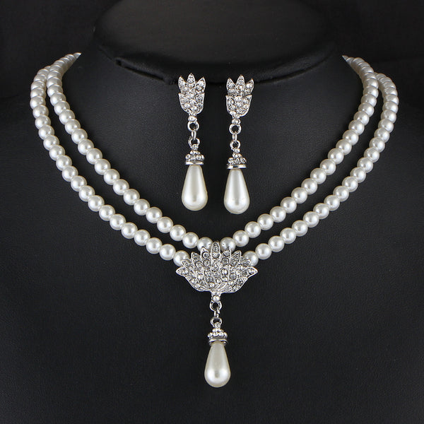 Juego de Collar Novia Perla Cristal Diamante Escote Corto