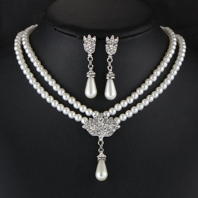 Juego de Collar Novia Perla Cristal Diamante Escote Corto