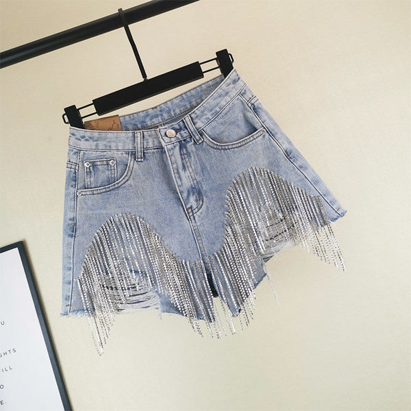 Jeans Talle Alto Slim Fit con Cadena de Borlas