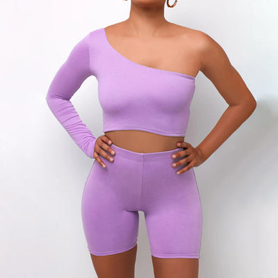 Conjunto Deportivo Yoga Asimétrico de Un Hombro en Colores Sólidos - Image 4