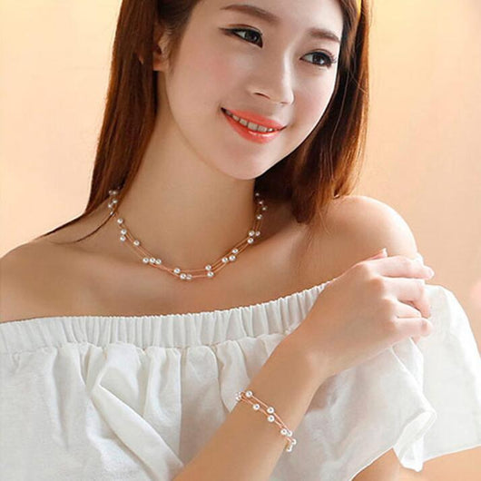 Elegant three-piece jewelry set with multi-strand pearl necklace, matching bracelet, and pearl drop earrings. - Image 4