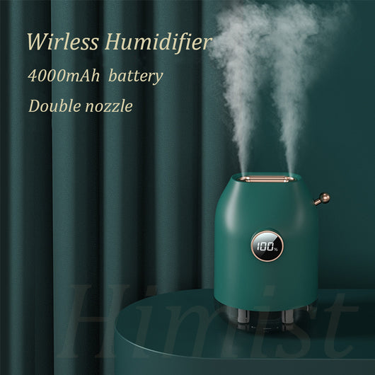 Dark green double nozzle humidifier with rose gold accents, digital display showing 100%, emitting mist. - Image 7