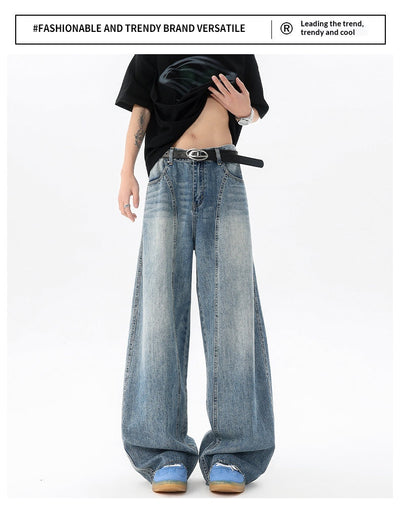 Pantalones Denim Retro Azul Holgados de Pierna Ancha para Hombre - Image 8