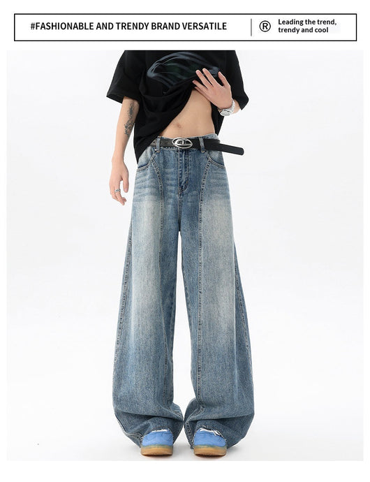 Pantalones Denim Retro Azul Holgados de Pierna Ancha para Hombre - Image 8