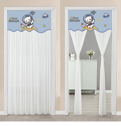 Double-layer blackout doorway curtain with a light blue top featuring a cartoon bear and "LUCK DAY!" text. - Image 22