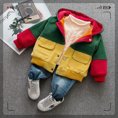 Abrigo infantil de terciopelo acolchado a rayas con combinación de colores - Image 13