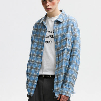 Camisa a Cuadros Unisex Estilo Americano Otoñal con Bordes Deshilachados - Image 10