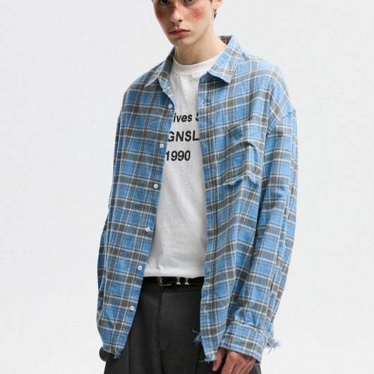 Camisa a Cuadros Unisex Estilo Americano Otoñal con Bordes Deshilachados - Image 10
