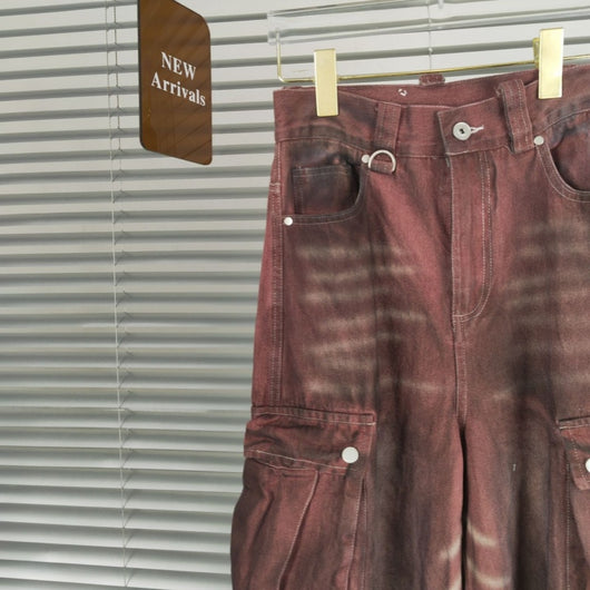 Pantalón Denim Rojo Óxido Ancho con Bolsillos Grandes y Efecto Desgastado - Image 9