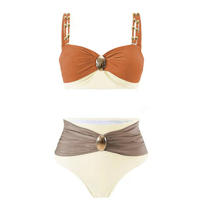 Color block high-waisted bikini with rust-orange and cream top, taupe and cream bottom, and gold-toned accents. - Image 3