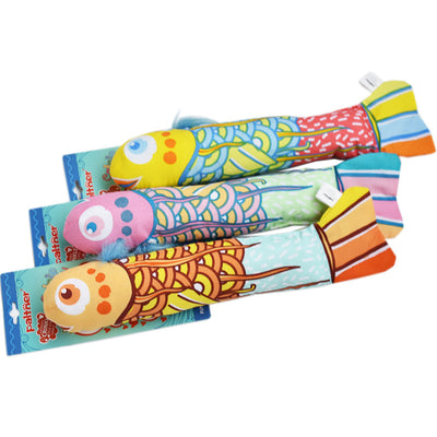 Colorful fish-shaped cat toy with a pink head, green body, and striped tail, featuring a vibrant abstract pattern. - Image 2