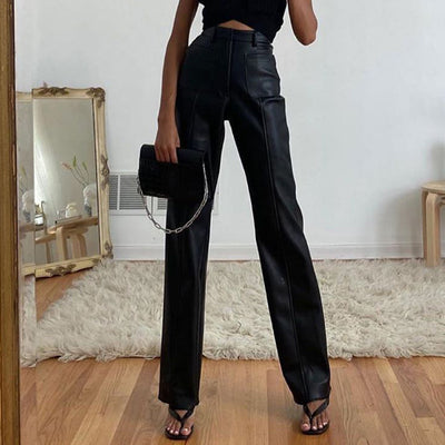 Pantalones de Cuero PU Cintura Alta con Bolsillos y Bolsa Integrada - Image 12