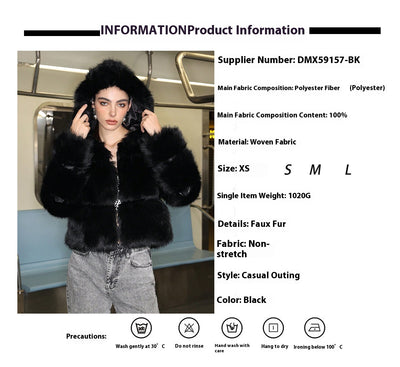 Chaqueta Corta de Pelaje Sintético Negro con Capucha - Image 8