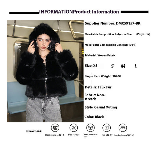 Chaqueta Corta de Pelaje Sintético Negro con Capucha - Image 8