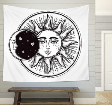 Bohemian sun and moon tapestry with a celestial pattern of golden suns and crescent moons on a dark blue background. - Image 3